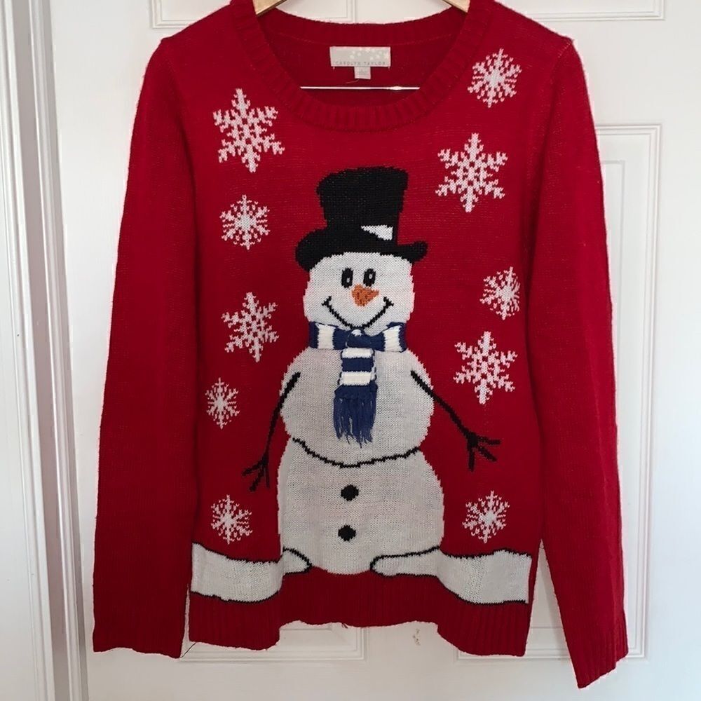 Carolyn Taylor Red Ugly Christmas Sweater Frosty Snowman Sweater Size L